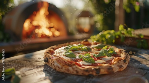 Outdoor wood fired pizza oven with freshly baked Neapolitan style cheese and basil pizza on the table in front, blurred garden background. Pizza grilled on coals in the oven