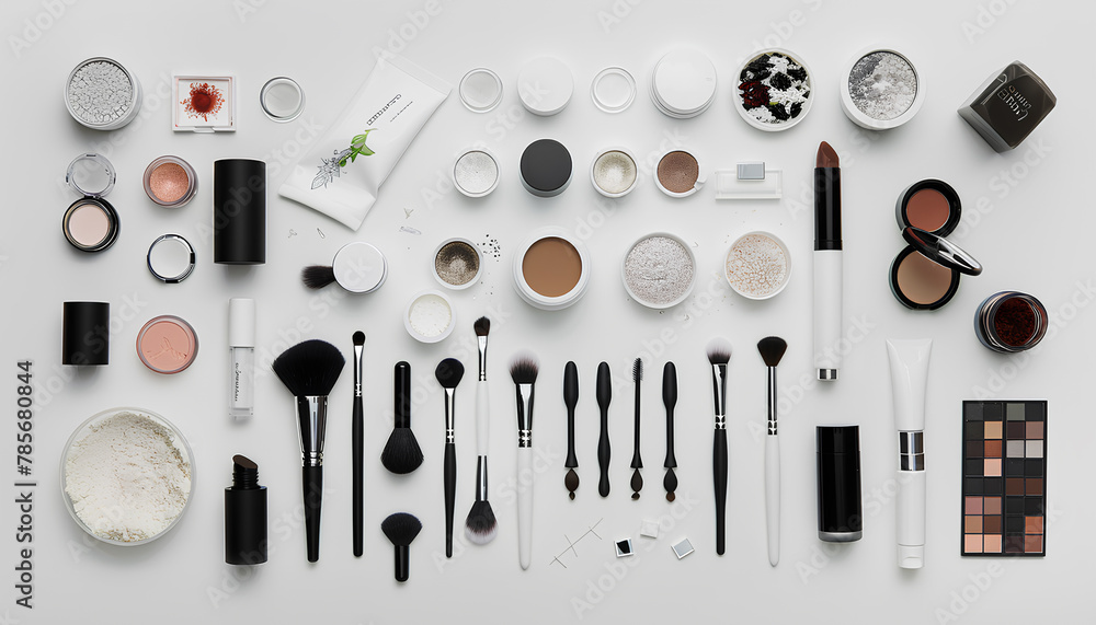 set of cosmetics on a white table on a white background top view set of cosmetics on a white table on a white background top view