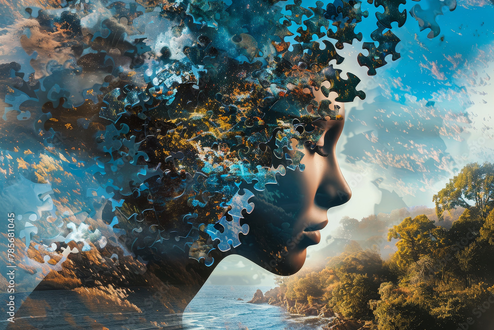 A woman's face is shown in a puzzle form, with the pieces of the puzzle ...