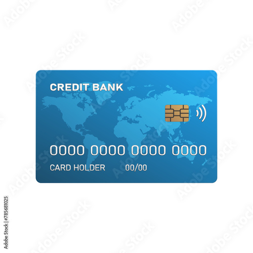 Blue bank credit plastic card with world map image.