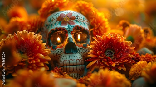 Vibrant Calavera Amidst Marigolds: Dia de los Muertos Tribute. Concept Dia de los Muertos, Calavera, Marigolds, Vibrant, Tribute