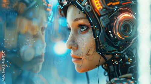 cyber robot girl on cyberpunk background © Spyrydon