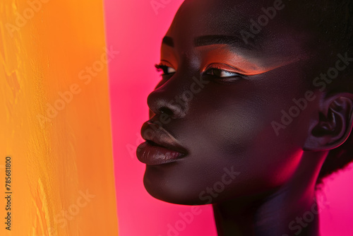 A woman with a black face and orange background. The woman is wearing makeup and has a bold look