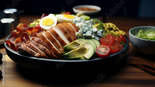 A plate of fresh salad with boiled eggs and bacon on a wooden table