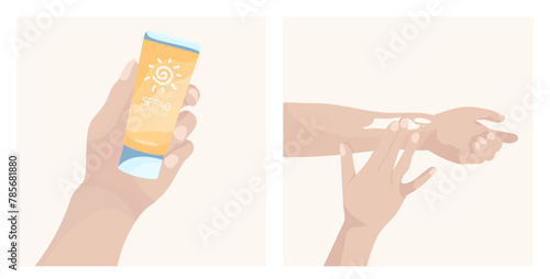 A person holds a tube of SPF 40 sunscreen,  shows hands applying cream. A focus on sun protection and skincare