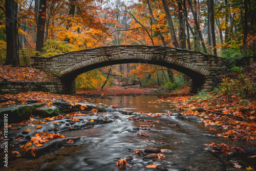 A bridge over a river with leaves on the ground. The bridge is made of stone and is surrounded by trees. The leaves on the ground are orange and brown, giving the scene a warm and peaceful atmosphere © mila103