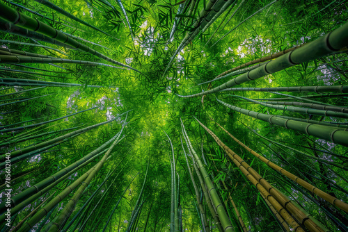 A forest of tall green bamboo trees. The trees are so tall that they seem to be reaching for the sky. The sunlight filters through the leaves, creating a peaceful and serene atmosphere