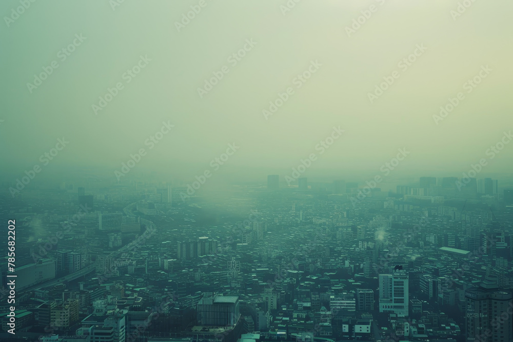 A city skyline with a foggy atmosphere. The city is filled with tall buildings and the sky is hazy