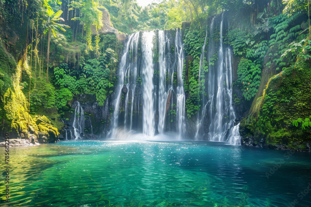 A beautiful waterfall surrounded by lush green trees. The water is crystal clear and the mist from the waterfall creates a serene atmosphere