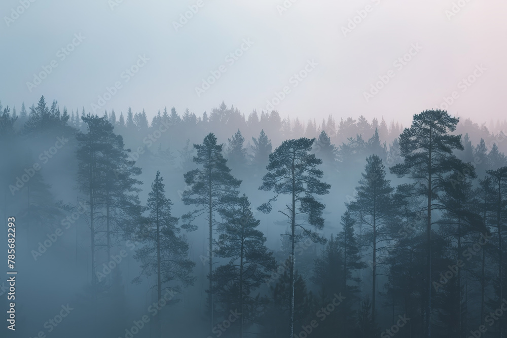 A dense forest with a foggy atmosphere. The trees are tall and spread out, creating a sense of depth and mystery. The fog adds an ethereal quality to the scene, making it feel almost otherworldly A dense forest with a foggy atmosphere. The trees are tall and spread out, creating a sense of depth and mystery. The fog adds an ethereal quality to the scene, making it feel almost otherworldly