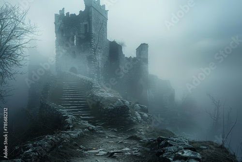 A castle with a foggy sky in the background. The castle is old and abandoned. The fog is thick and heavy, giving the scene a mysterious and eerie atmosphere