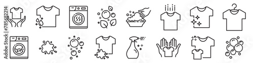Self-service laundry, hand washing, laundry service. Editable linear set vector illustration.
