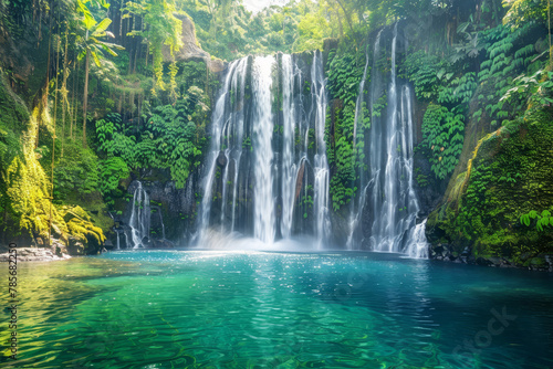 A beautiful waterfall surrounded by lush green trees. The water is crystal clear and the mist from the waterfall creates a serene atmosphere © mila103