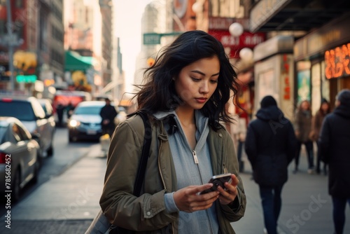Urban Commuter Engrossed in Smartphone. A young woman is focused on her smartphone while navigating the bustling streets of the city, embodying the modern urban lifestyle.