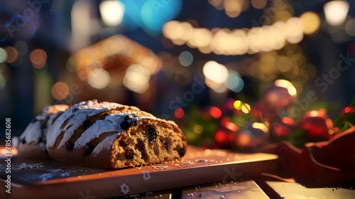 Christmas cake with raisins and icing sugar on a table in front of Christmas lights