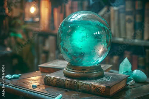 Crystal ball on table with esoteric attributes