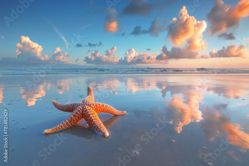 A starfish is laying on the beach, with the ocean in the background. The scene is serene and peaceful, with the starfish being the only object in focus photo