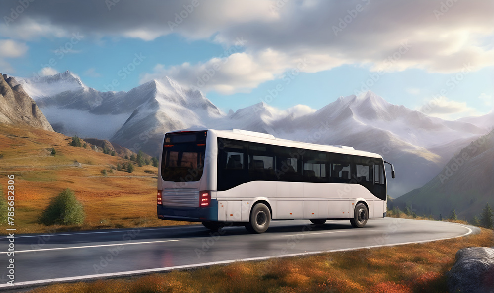 Passenger bus on the road against a mountainous background