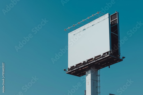 A large white billboard sits atop a tall building, with a clear blue sky in the background. The billboard is empty, but it stands out against the backdrop of the city skyline