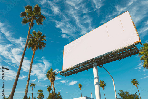 A large billboard is in the middle of a palm tree-lined street. The billboard is white and is the only thing visible in the image. The palm trees are tall and are located on both sides of the street © mila103