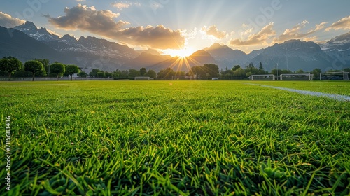 Scenic Sunset View of Alpine Meadow Soccer Field Generative AI
