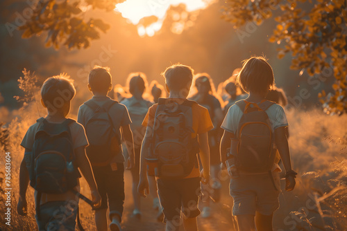 A group of young children walking together on the first day of school, embodying friendship and a back-to-school concept, in the morning sun.