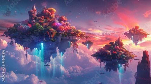 Surreal floating islands with cascading waterfalls and neon-colored vegetation   AI generated illustration