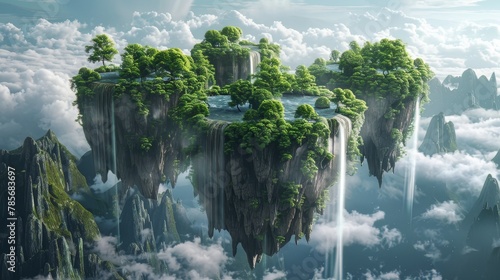 Surreal floating islands with cascading waterfalls and lush vegetation  AI generated illustration © ArtStage