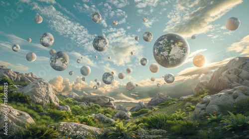 Surreal objects floating in a dream-like landscape  AI generated illustration