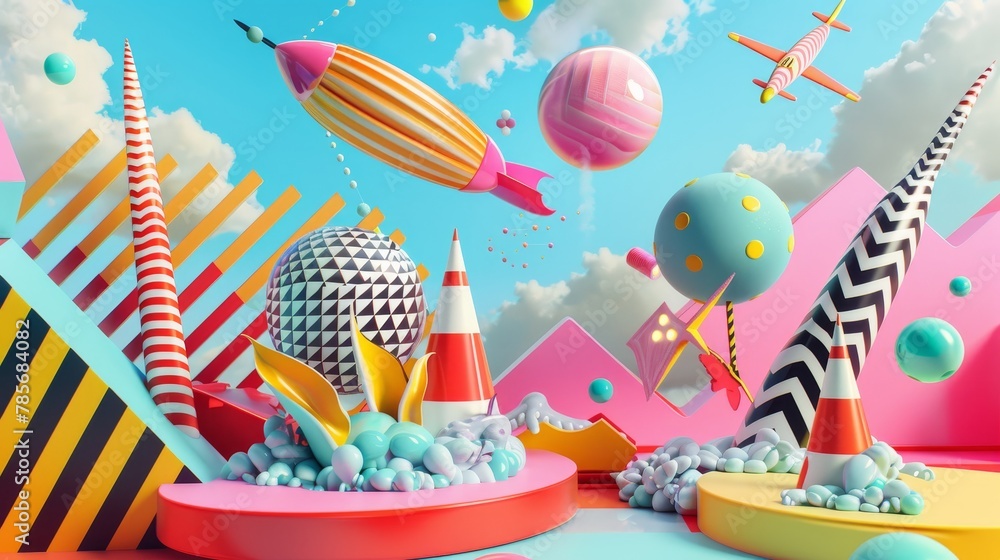 Vibrant 3d composition of memphis-style flying objects in a whimsical setting   AI generated illustration