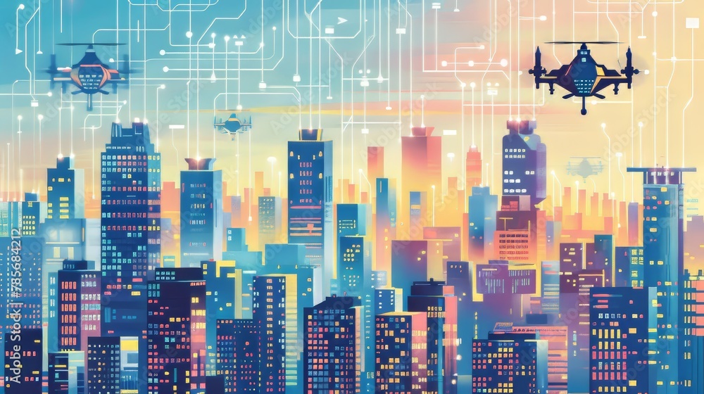 Vibrant cityscape with isolated flying vehicles   AI generated illustration