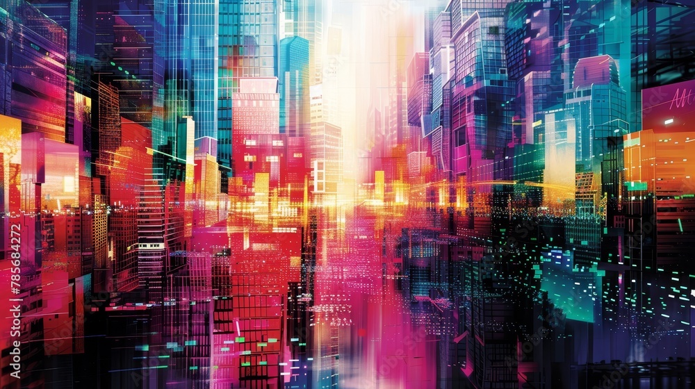 Vibrant colors and patterns in a digital cityscape  AI generated illustration