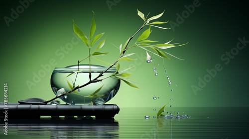 Branche de bambou sur un support  sur de l eau. Fond flou. Nature  relaxation  bien-  tre  spa. Pour conception et cr  ation graphique.