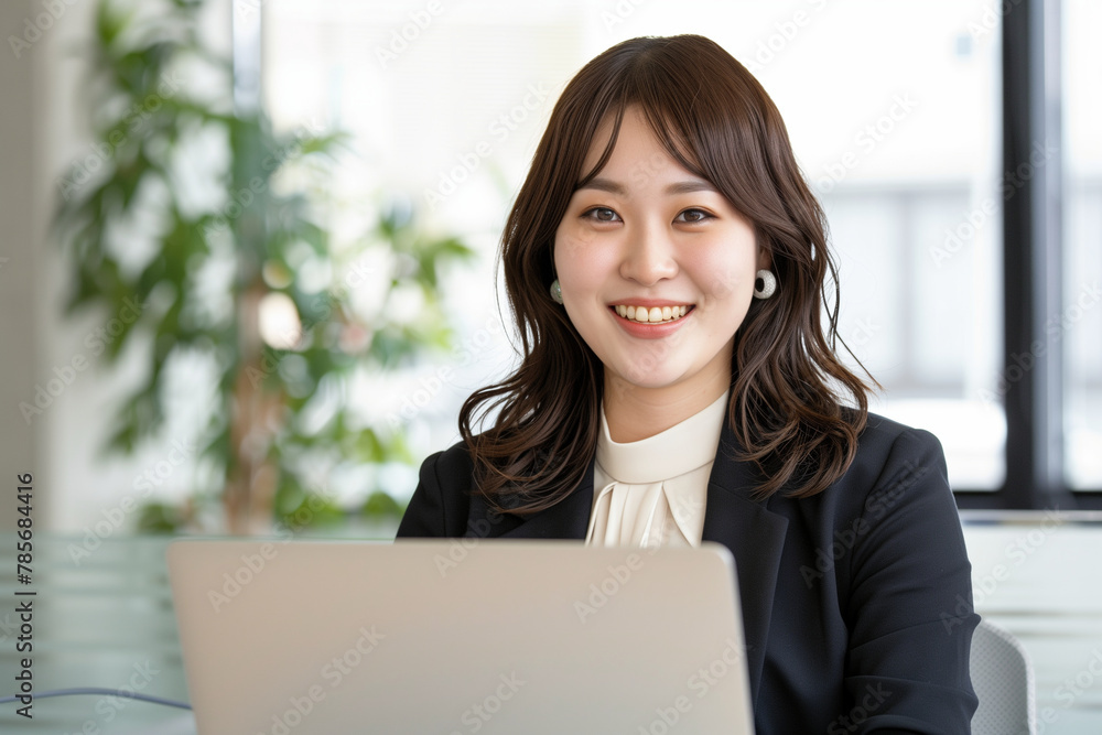 Japanese woman wearing professional attire and smiling warmly at the camera while sitting behind an open laptop Japanese woman wearing professional attire and smiling warmly at the camera while sitting behind an open laptop