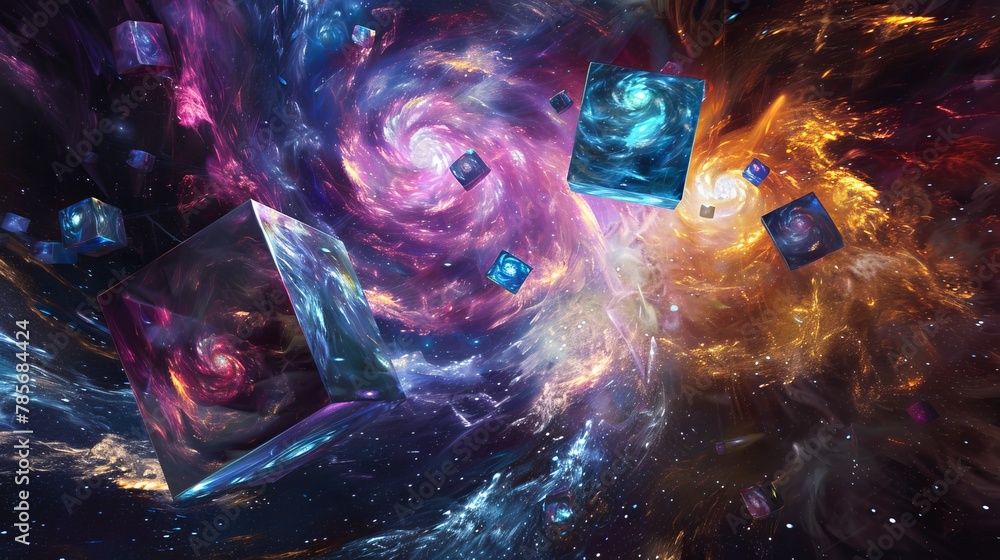Vibrant geometric shapes floating in a cosmic void of swirling galaxies AI generated illustration Vibrant geometric shapes floating in a cosmic void of swirling galaxies AI generated illustration