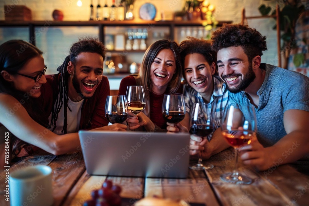Virtual wine tasting event with online laptop meeting