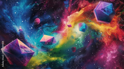 Vibrant geometric shapes floating in a cosmic void of swirling colors   AI generated illustration