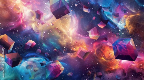 Vibrant geometric shapes floating in a cosmic void of swirling colors  AI generated illustration photo