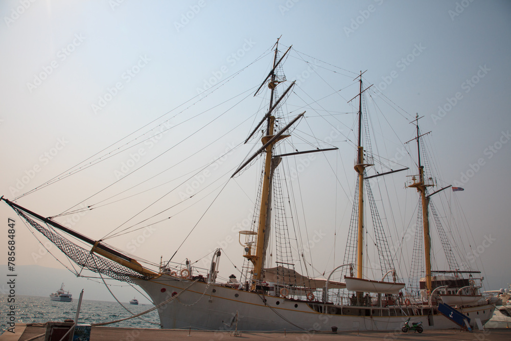 Sailing ship against the backdrop of the sea, Montenegro.