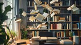 Whimsical flying books above a desk   AI generated illustration