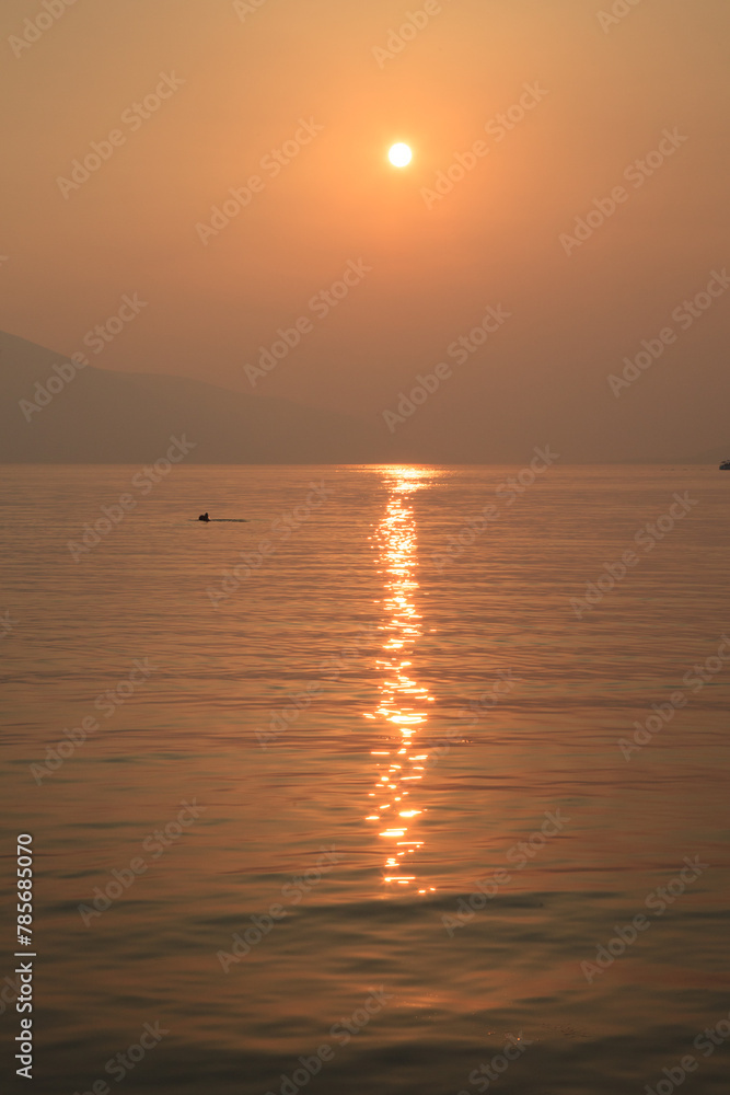 Orange sunset over the sea, Montenegro.