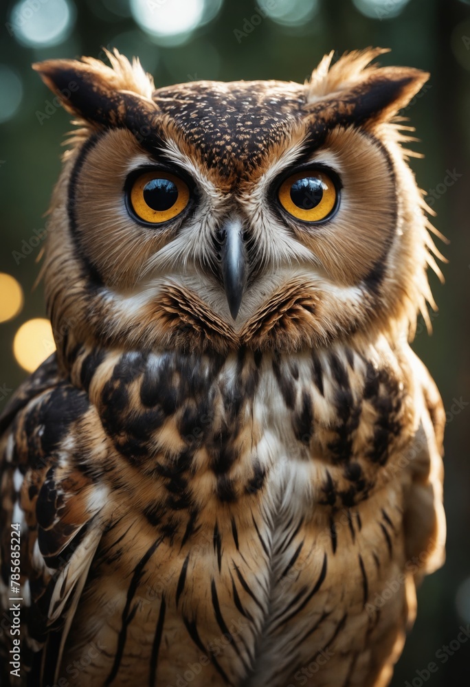 Mesmerizing Close-Up: Ornate Owl against Bokeh Lights Mesmerizing Close-Up: Ornate Owl against Bokeh Lights