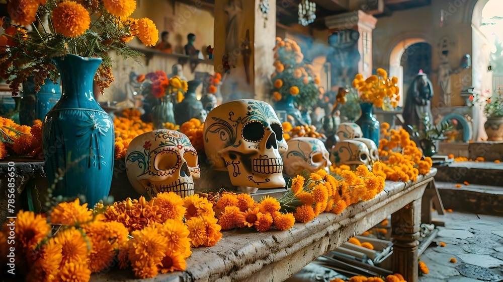 Oaxacan Dia de los Muertos Altar with Vibrant Marigolds. Concept ...
