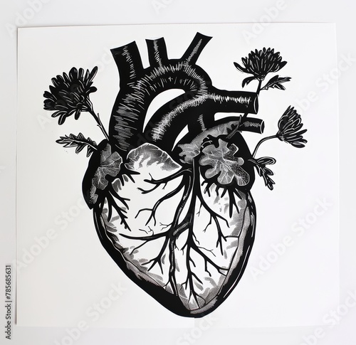 Floral Linocut Illustration of an Anatomical Heart Generative AI photo