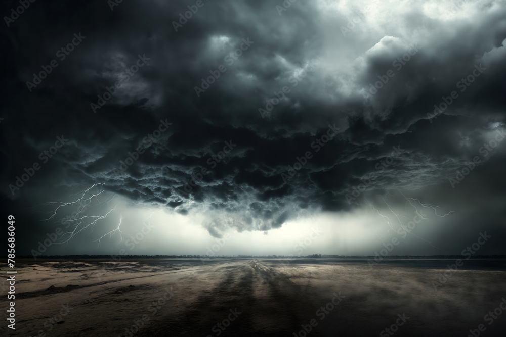 dark dramatic stormy sky with lightning and cumulus clouds over plain for abstract background