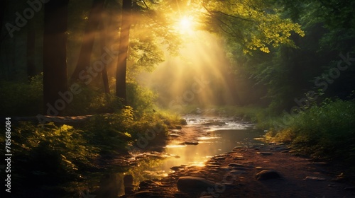 a beautiful summer landscape, a brook in a forest, leaves and grass in a forest glade at sunset, sunlight and beautiful nature
