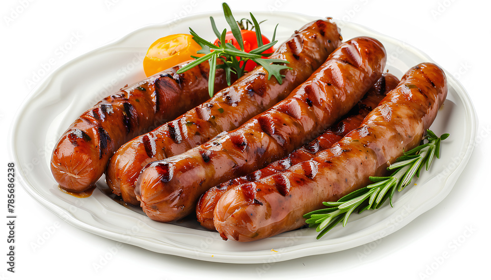 Plate with delicious grilled sausages on a white background Plate with delicious grilled sausages on a white background