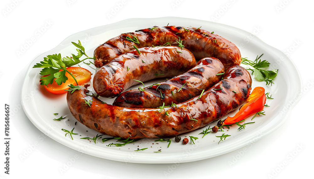Plate with delicious grilled sausages on a white background Plate with delicious grilled sausages on a white background