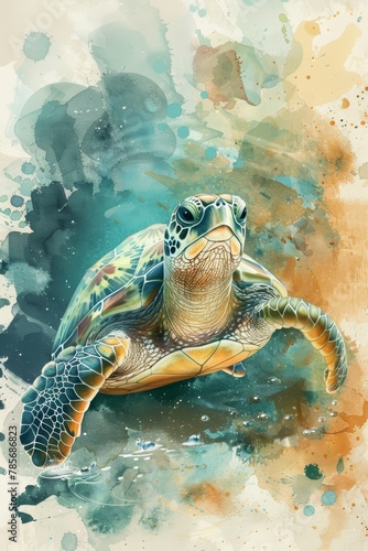 Minimalist Watercolor Children s Book Art of Cute Turtle Swimming Generative AI
