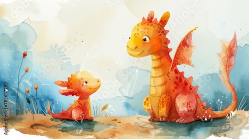 Adorable Watercolor Illustration of a Dragon Mother and Baby Generative AI